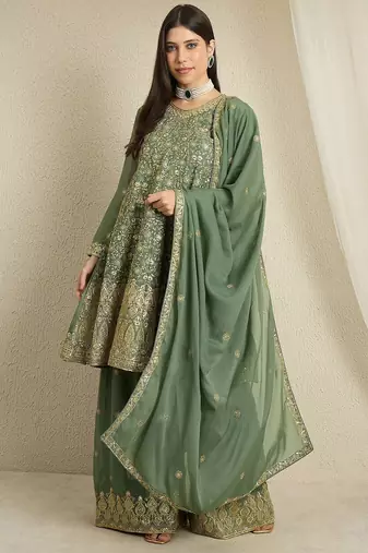 green georgette   top with bottom and dupatta full sleeve embroidered kurta palazzo set