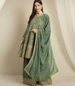 green georgette   top with bottom and dupatta full sleeve embroidered kurta palazzo set