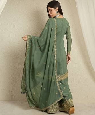 green georgette   top with bottom and dupatta full sleeve embroidered kurta palazzo set 2