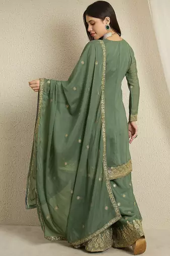 green georgette   top with bottom and dupatta full sleeve embroidered kurta palazzo set