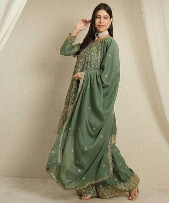 green georgette   top with bottom and dupatta full sleeve embroidered kurta palazzo set 3
