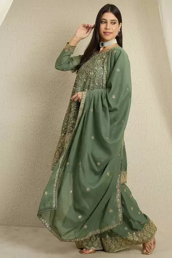 green georgette   top with bottom and dupatta full sleeve embroidered kurta palazzo set