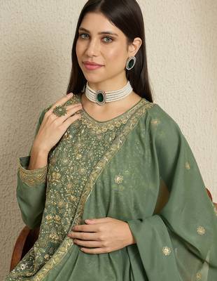 green georgette   top with bottom and dupatta full sleeve embroidered kurta palazzo set 4