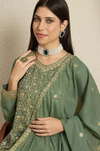 green georgette   top with bottom and dupatta full sleeve embroidered kurta palazzo set