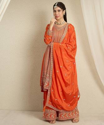 orange chinon  top with bottom and dupatta 3/4 sleeve embroidered kurta palazzo set 1