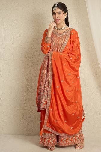 orange chinon   top with bottom and dupatta 3/4 sleeve embroidered kurta palazzo set