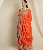 orange chinon  top with bottom and dupatta 3/4 sleeve embroidered kurta palazzo set