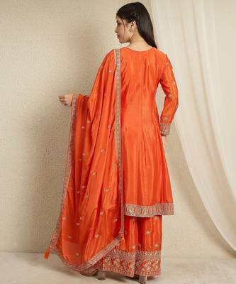 orange chinon  top with bottom and dupatta 3/4 sleeve embroidered kurta palazzo set 2