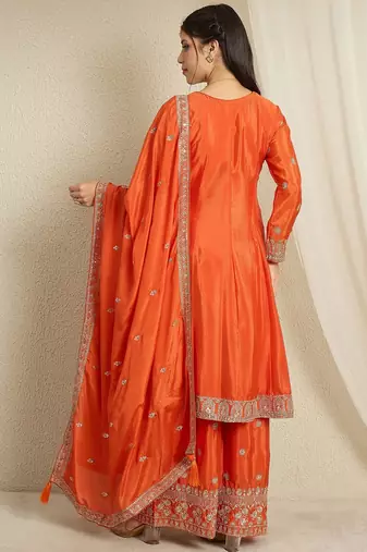 orange chinon  top with bottom and dupatta 3/4 sleeve embroidered kurta palazzo set