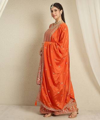 orange chinon  top with bottom and dupatta 3/4 sleeve embroidered kurta palazzo set 3