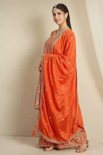 orange chinon  top with bottom and dupatta 3/4 sleeve embroidered kurta palazzo set