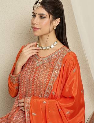 orange chinon  top with bottom and dupatta 3/4 sleeve embroidered kurta palazzo set 4