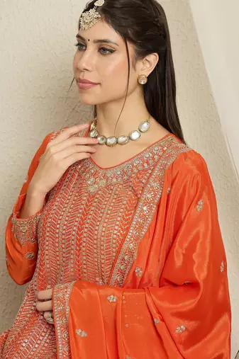 orange chinon  top with bottom and dupatta 3/4 sleeve embroidered kurta palazzo set