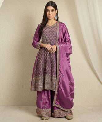 purple chinon  top with bottom and dupatta 3/4 sleeve embroidered kurta palazzo set 1