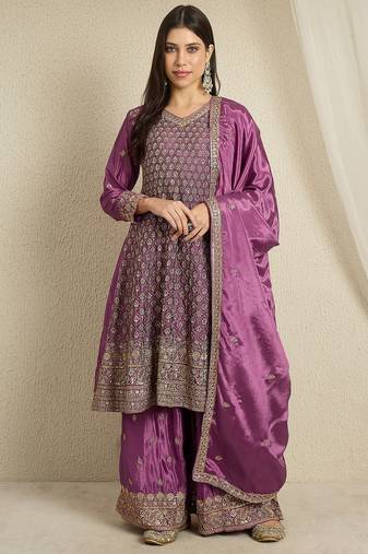 purple chinon   top with bottom and dupatta 3/4 sleeve embroidered kurta palazzo set