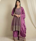 purple chinon  top with bottom and dupatta 3/4 sleeve embroidered kurta palazzo set