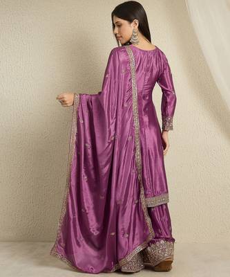 purple chinon  top with bottom and dupatta 3/4 sleeve embroidered kurta palazzo set 2