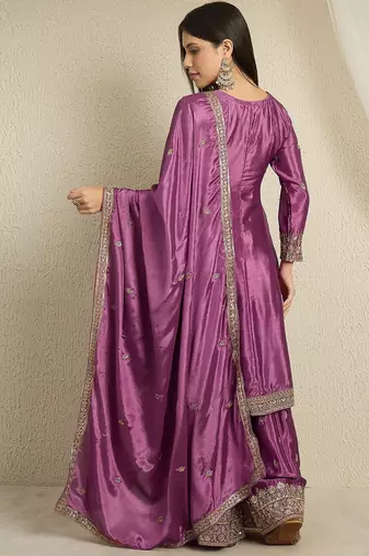 purple chinon  top with bottom and dupatta 3/4 sleeve embroidered kurta palazzo set