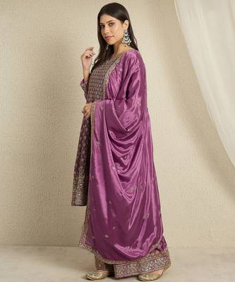 purple chinon  top with bottom and dupatta 3/4 sleeve embroidered kurta palazzo set 3