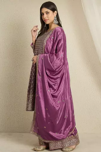 purple chinon  top with bottom and dupatta 3/4 sleeve embroidered kurta palazzo set