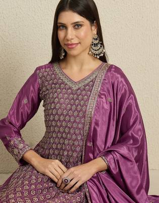 purple chinon  top with bottom and dupatta 3/4 sleeve embroidered kurta palazzo set 4