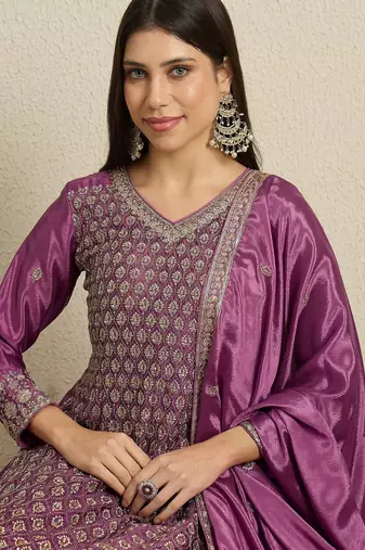 purple chinon  top with bottom and dupatta 3/4 sleeve embroidered kurta palazzo set