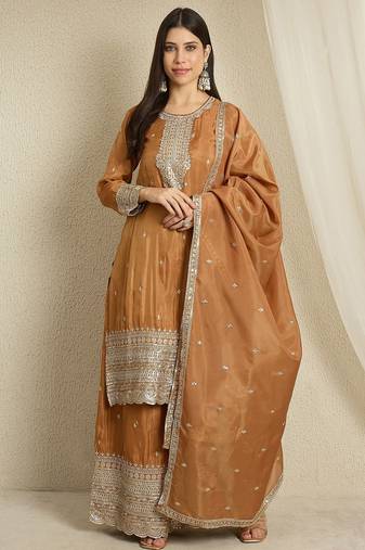 brown organza   top with bottom and dupatta full sleeve embroidered straight kurta palazzo set