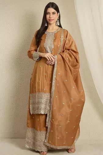 brown organza  top with bottom and dupatta full sleeve embroidered straight kurta palazzo set