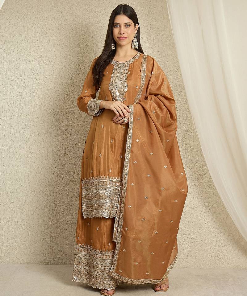 brown organza   top with bottom and dupatta full sleeve embroidered straight kurta palazzo set