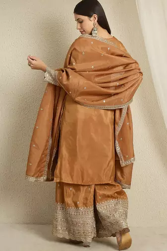 brown organza  top with bottom and dupatta full sleeve embroidered straight kurta palazzo set