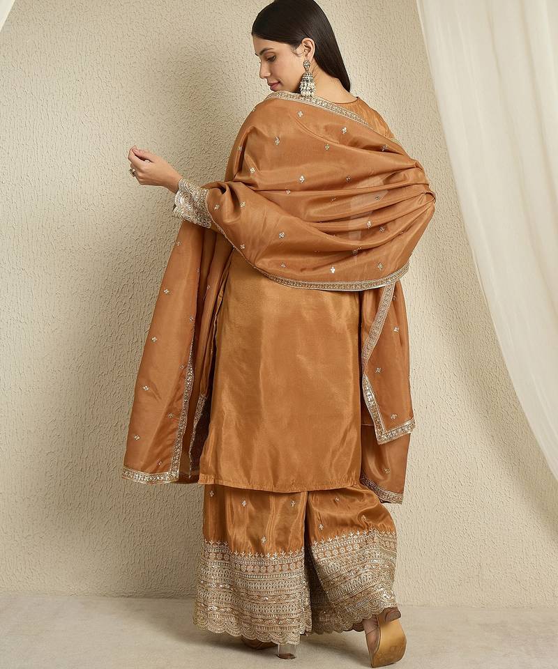 brown organza   top with bottom and dupatta full sleeve embroidered straight kurta palazzo set