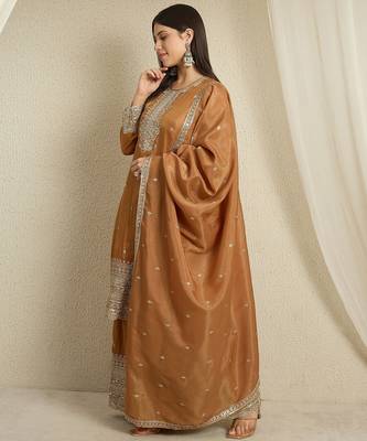 brown organza  top with bottom and dupatta full sleeve embroidered straight kurta palazzo set 3