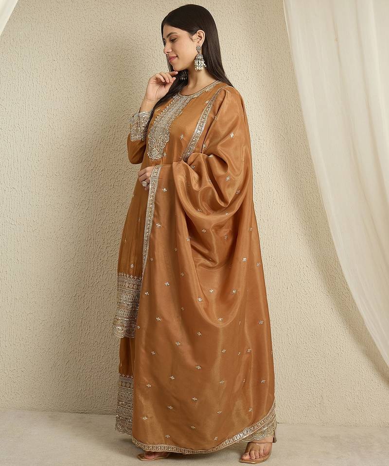 brown organza   top with bottom and dupatta full sleeve embroidered straight kurta palazzo set
