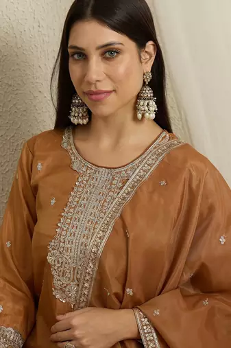 brown organza  top with bottom and dupatta full sleeve embroidered straight kurta palazzo set