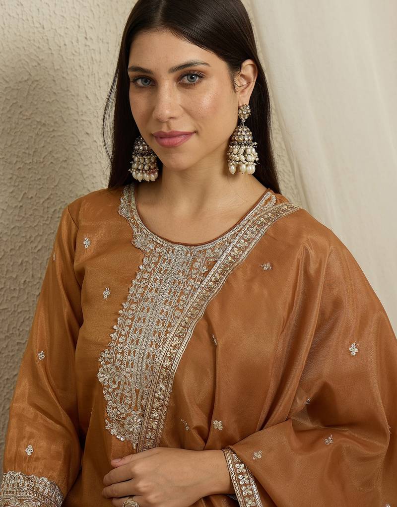 brown organza   top with bottom and dupatta full sleeve embroidered straight kurta palazzo set