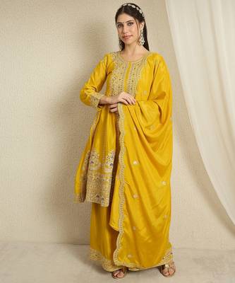 yellow chinon  top with bottom and dupatta full sleeve embroidered kurta palazzo set 1