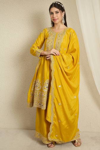 yellow chinon   top with bottom and dupatta full sleeve embroidered kurta palazzo set