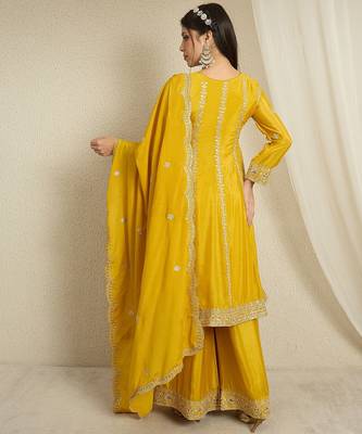 yellow chinon  top with bottom and dupatta full sleeve embroidered kurta palazzo set 2