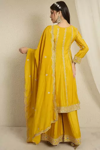 yellow chinon  top with bottom and dupatta full sleeve embroidered kurta palazzo set
