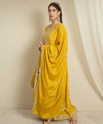 yellow chinon  top with bottom and dupatta full sleeve embroidered kurta palazzo set 3