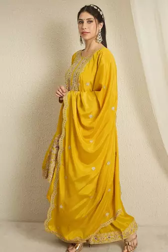 yellow chinon  top with bottom and dupatta full sleeve embroidered kurta palazzo set