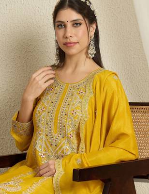 yellow chinon  top with bottom and dupatta full sleeve embroidered kurta palazzo set 4