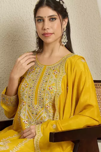 yellow chinon  top with bottom and dupatta full sleeve embroidered kurta palazzo set