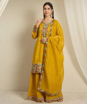 yellow organza  top with bottom and dupatta 3/4 sleeve embroidered straight kurta palazzo set 1