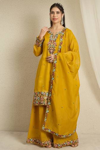 yellow organza   top with bottom and dupatta 3/4 sleeve embroidered straight kurta palazzo set