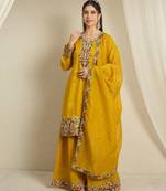 yellow organza  top with bottom and dupatta 3/4 sleeve embroidered straight kurta palazzo set
