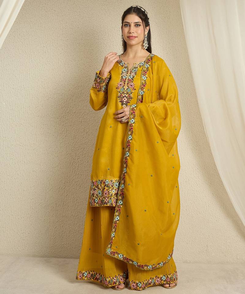 yellow organza   top with bottom and dupatta 3/4 sleeve embroidered straight kurta palazzo set