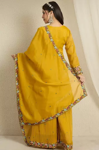 yellow organza  top with bottom and dupatta 3/4 sleeve embroidered straight kurta palazzo set