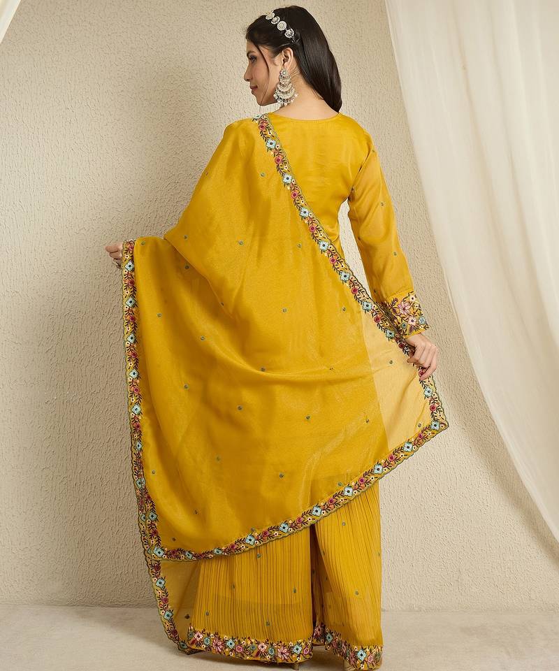 yellow organza   top with bottom and dupatta 3/4 sleeve embroidered straight kurta palazzo set