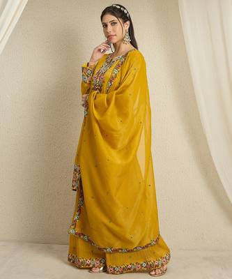 yellow organza  top with bottom and dupatta 3/4 sleeve embroidered straight kurta palazzo set 3